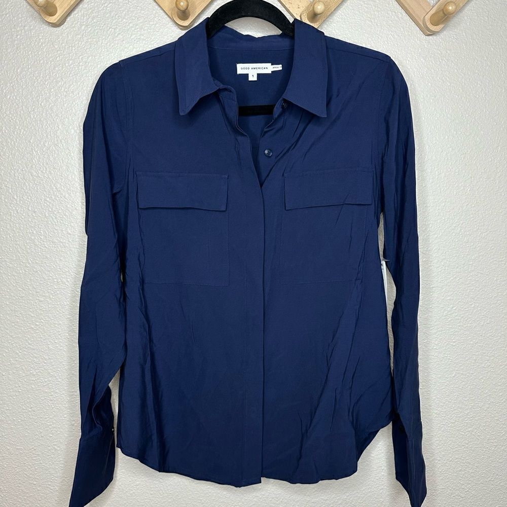 Good American Womens Hi-Low Point-Collar Button-Down Top Blue 1 US S